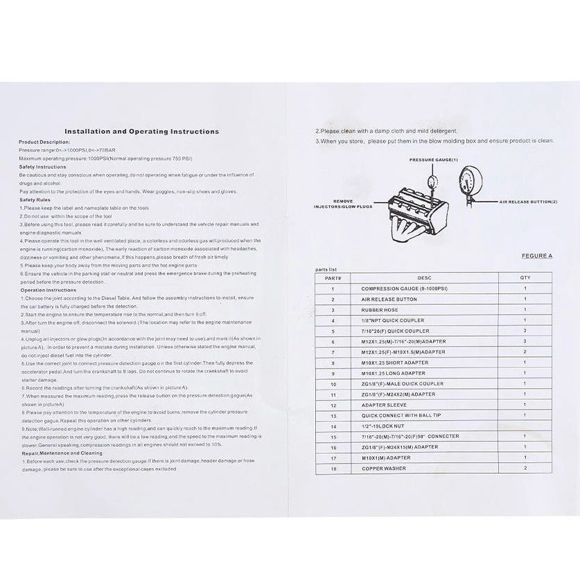 Diesel engine cylinder compression tester (20 piece)